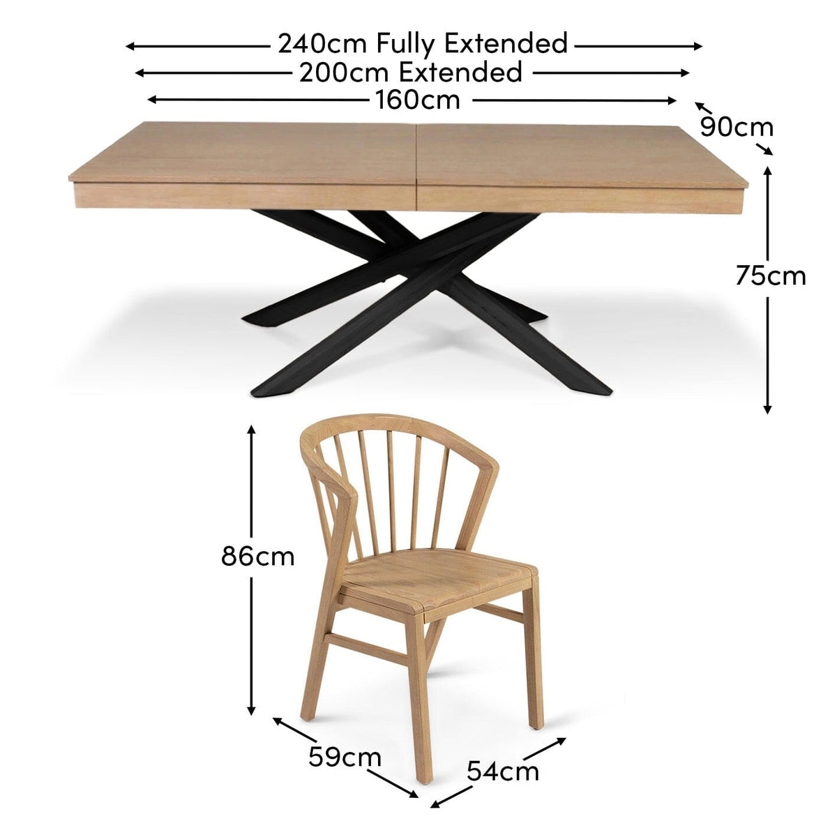 Amelia Whitewash Extendable Dining Table Set - 6 Seater - Mabel Pale Oak Spindle Back Chairs