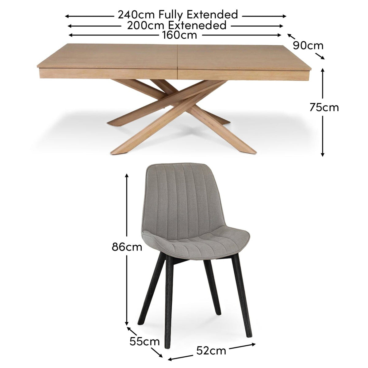 Amelia Whitewash Extendable Dining Table Set - 6 Seater - Bella Cloud Grey Dining Chairs - Black Legs