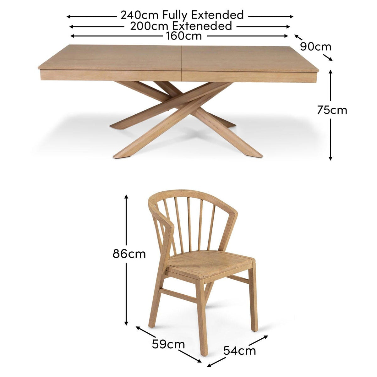 Amelia Whitewash Extendable Dining Table Set - 6 Seater - Mabel Pale Oak Spindle Back Chairs