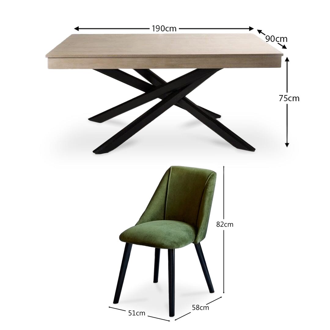 Amelia Whitewash Dining Table Set - 6 Seater - Freya Fern Green Dining Chairs - Black Legs