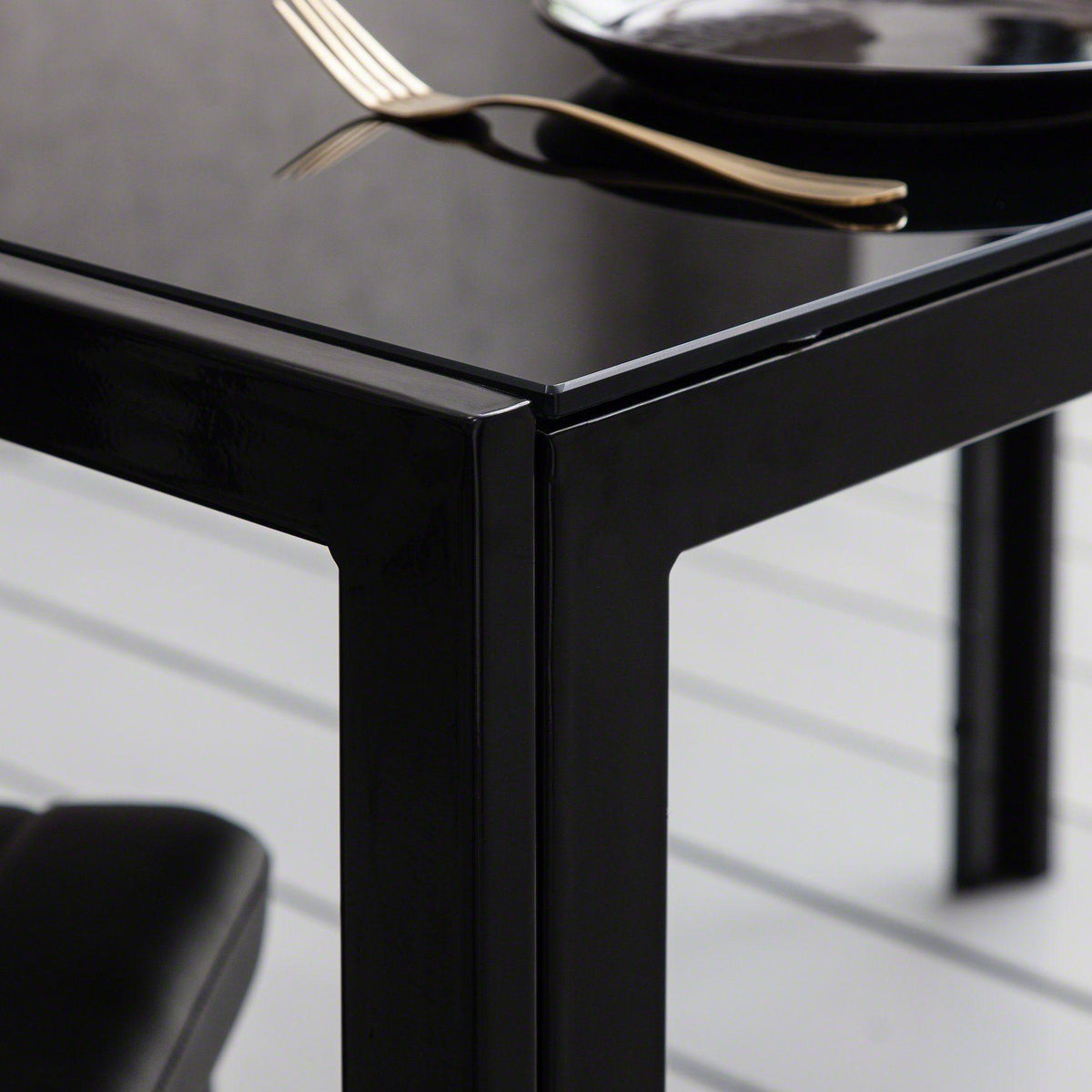 Anya Glass Dining Table Set - 4 Seater - Black Faux Leather Dining Chairs