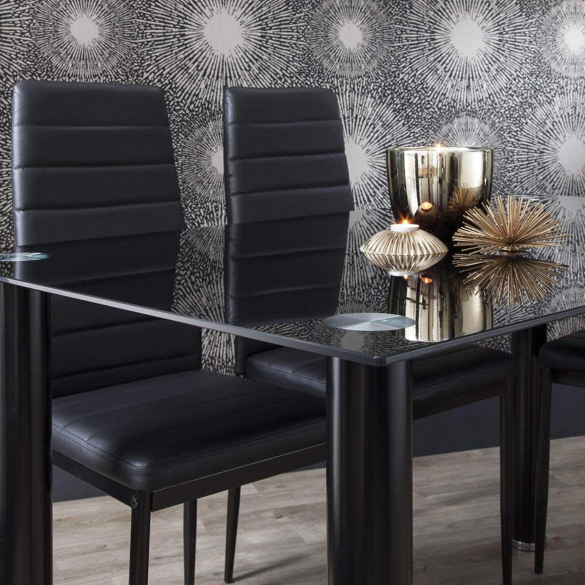 Anya Glass Dining Table Set - 6 Seater - Anya Black Faux Leather Dining Chairs