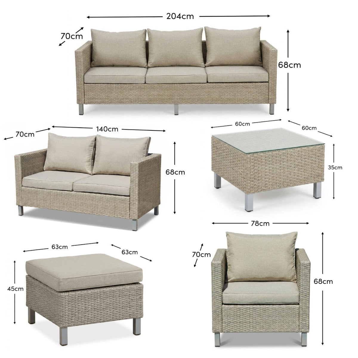 Aria 7 Seater Rattan Garden Sofa Set with Footstool & Coffee Table - Light Grey