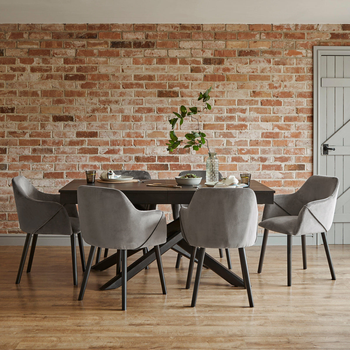 Amelia Black Extendable Dining Table Set - 6 Seater - Freya Grey Carver Chairs - Black Legs