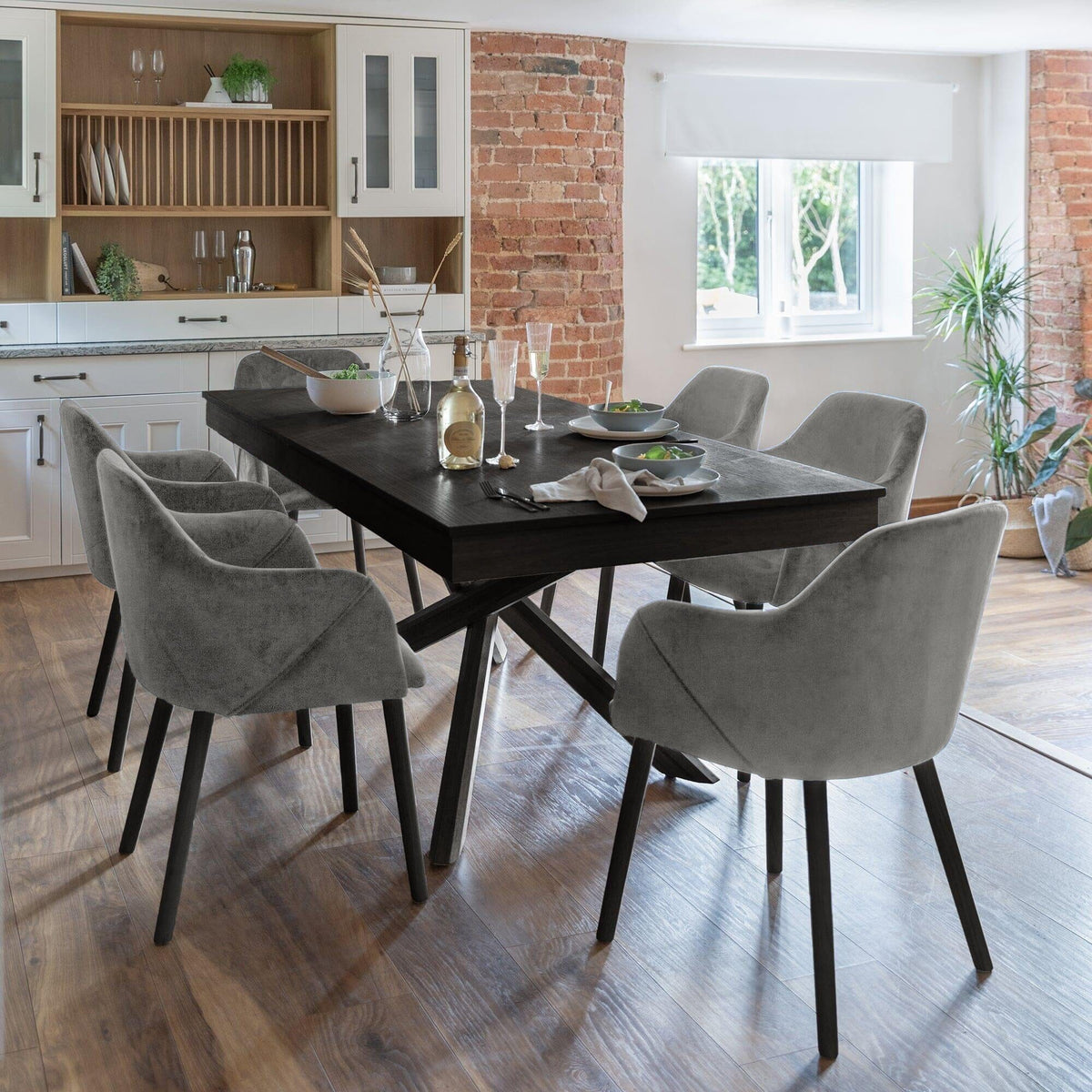 Amelia Black Extendable Dining Table Set - 6 Seater - Freya Grey Carver Chairs - Black Legs