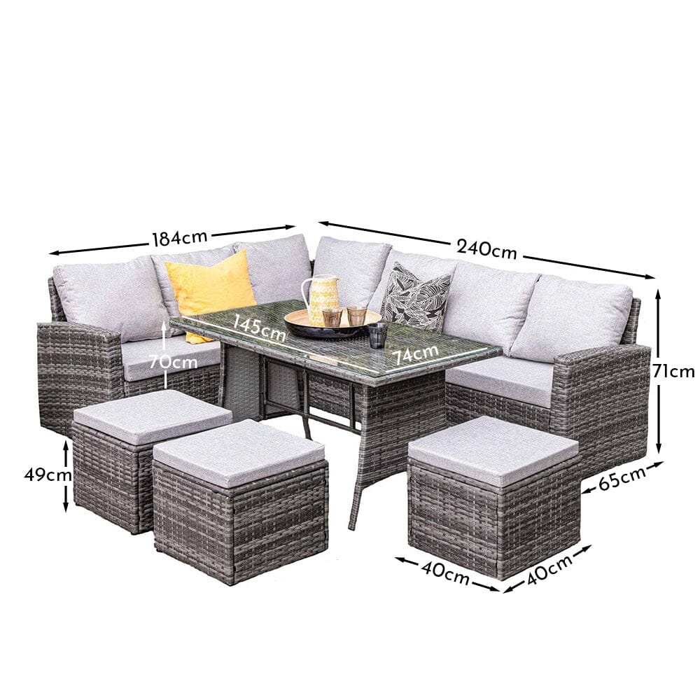 Aston 9 Seater Rattan Corner Sofa Set with Glass Table Top - Grey