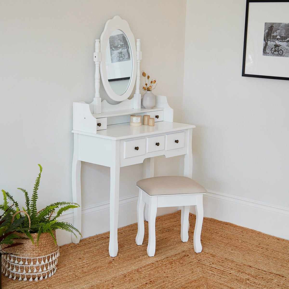 Capri White Dressing Table with Mirror & Stool