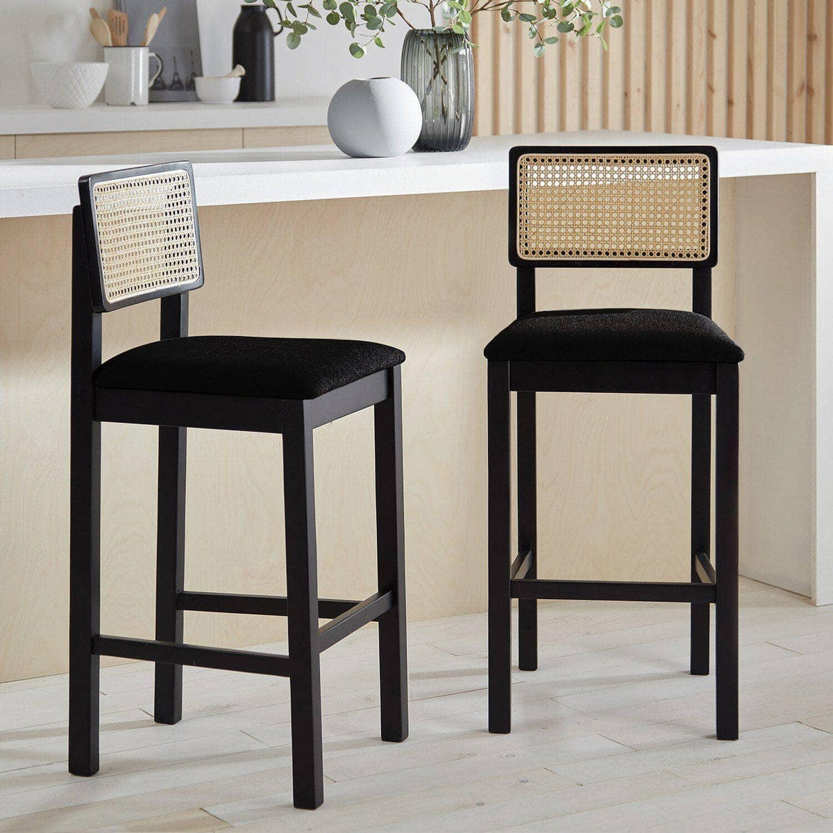 OUTLET - Charlie Black Cane Bar Stool - Wooden Footrest