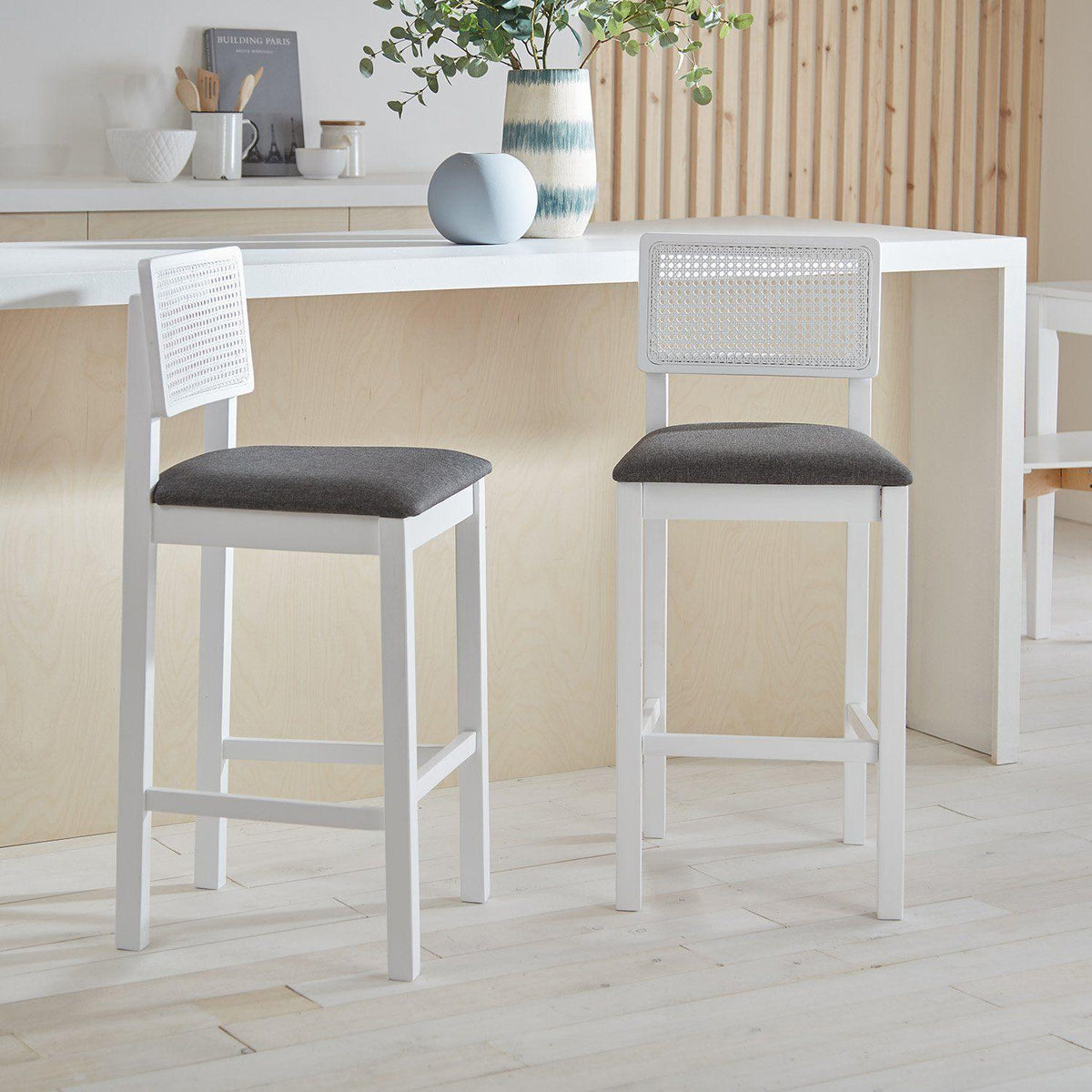 Charlie White Cane Bar Stool - White Legs