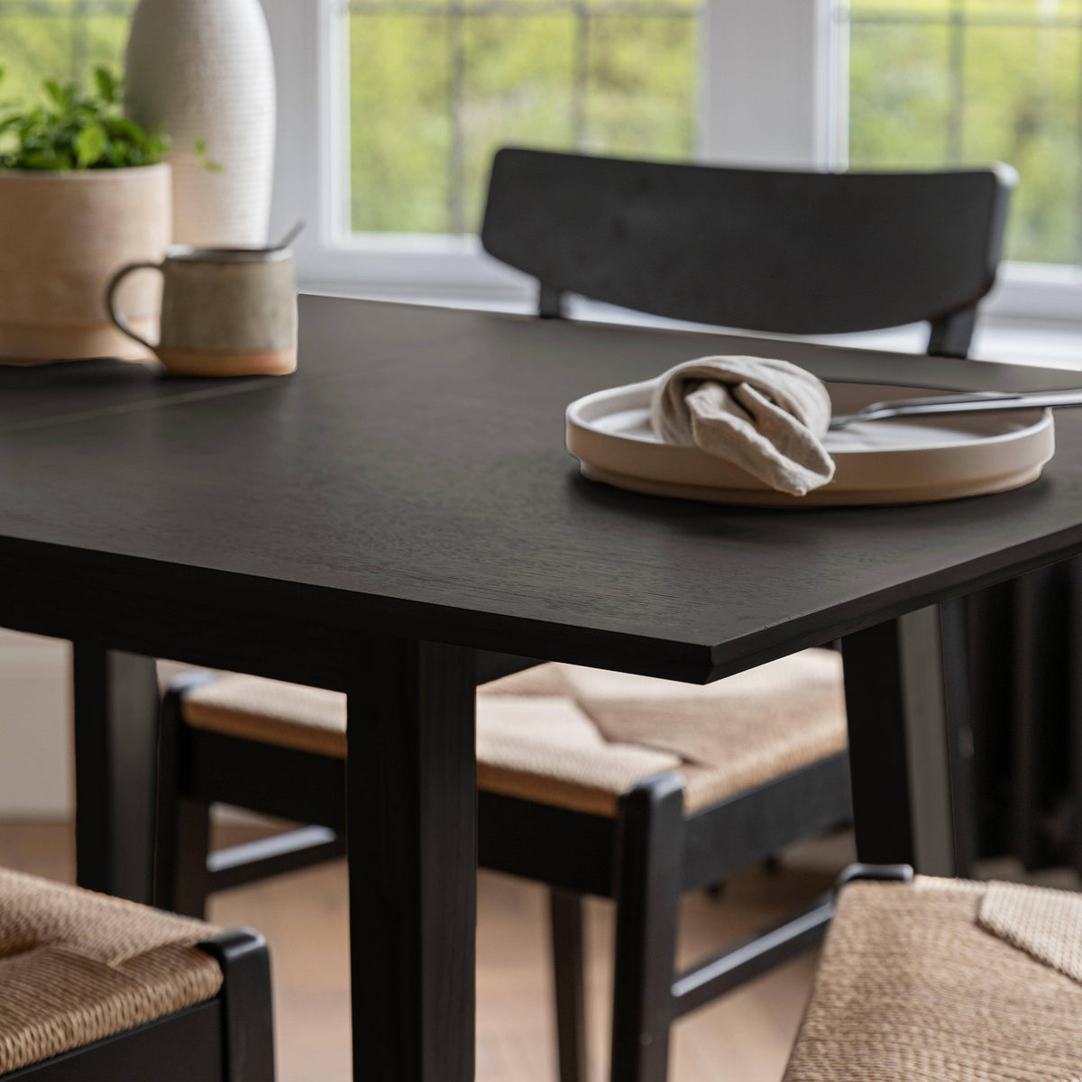 Charlie Black Oak Dining Table Set  - Extendable - 4 Seater - Faye Black Woven Dining Chairs