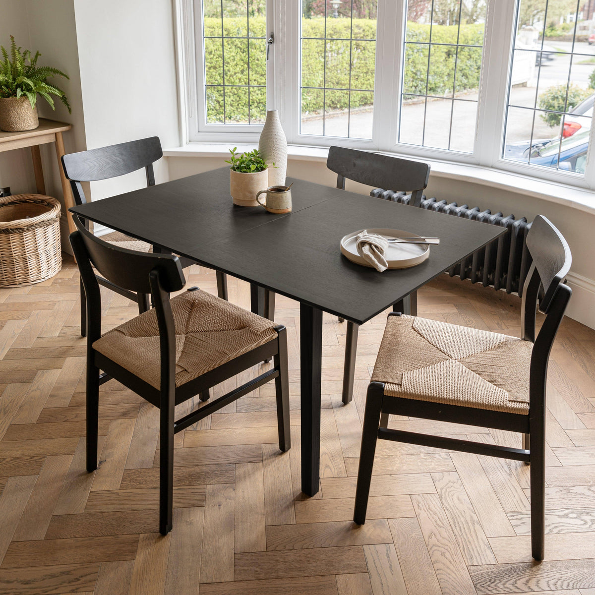 Charlie Black Oak Dining Table Set  - Extendable - 4 Seater - Faye Black Woven Dining Chairs
