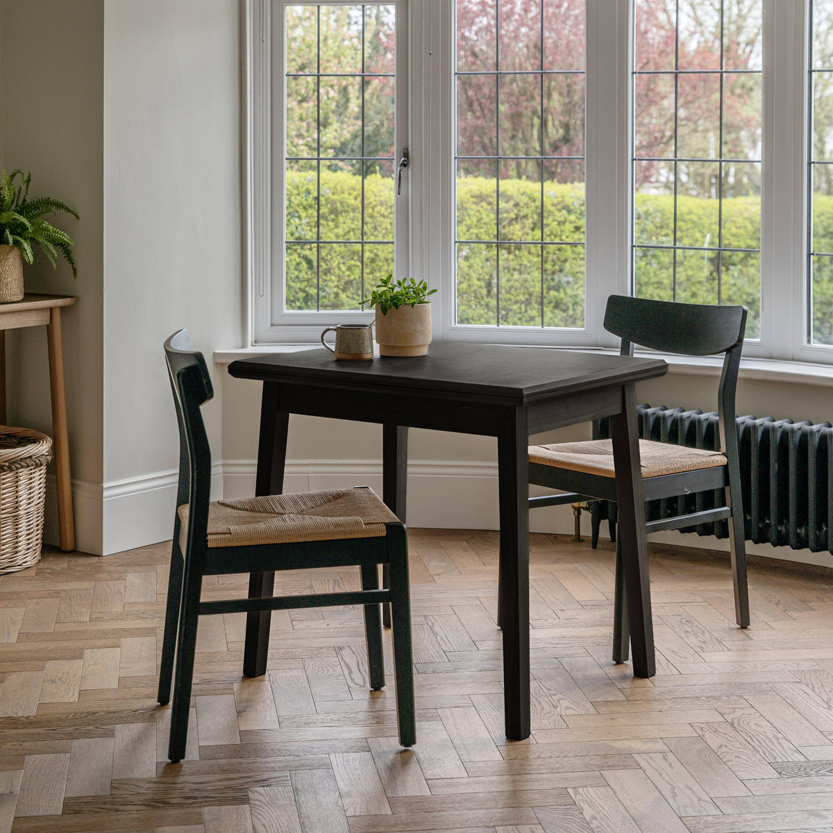 Charlie Black Oak Dining Table Set  - Extendable - 4 Seater - Faye Black Woven Dining Chairs