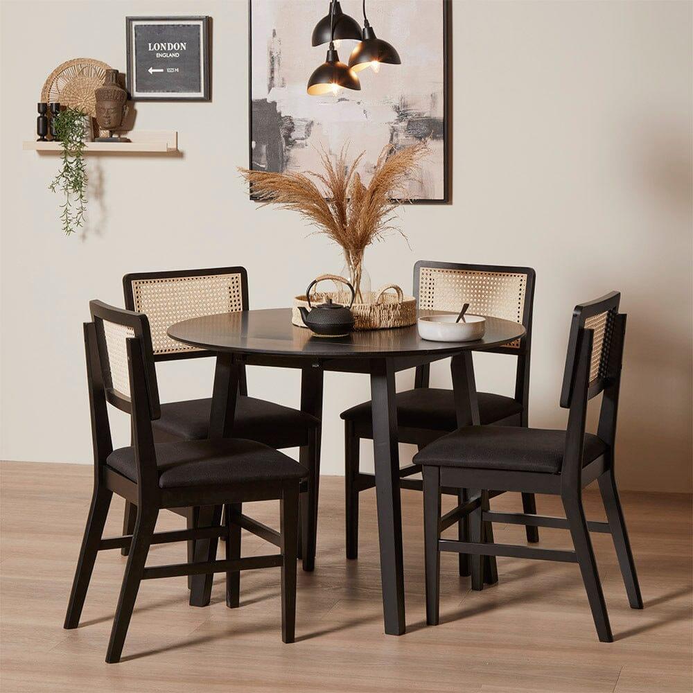 Charlie Black Dining Table Set - Round Drop Leaf - 4 Seater - Charlie Dining Chairs