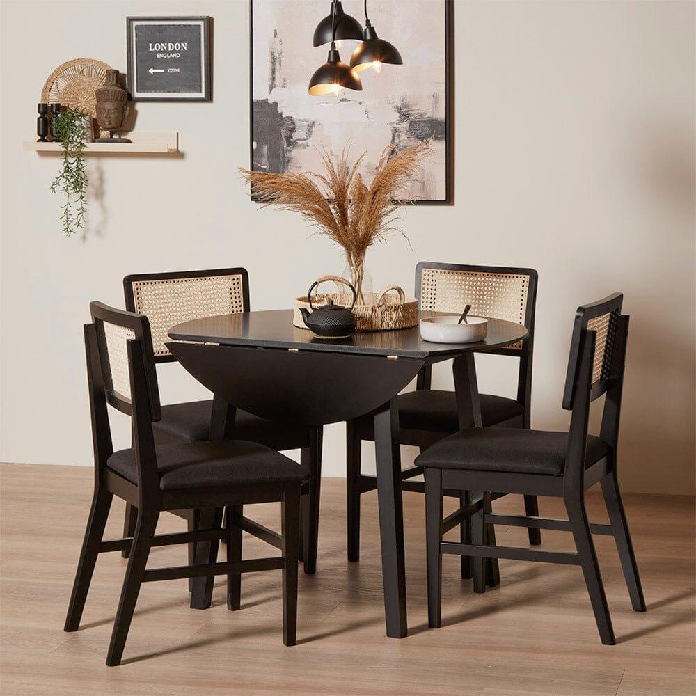 Charlie Black Dining Table Set - Round Drop Leaf - 4 Seater - Charlie Dining Chairs