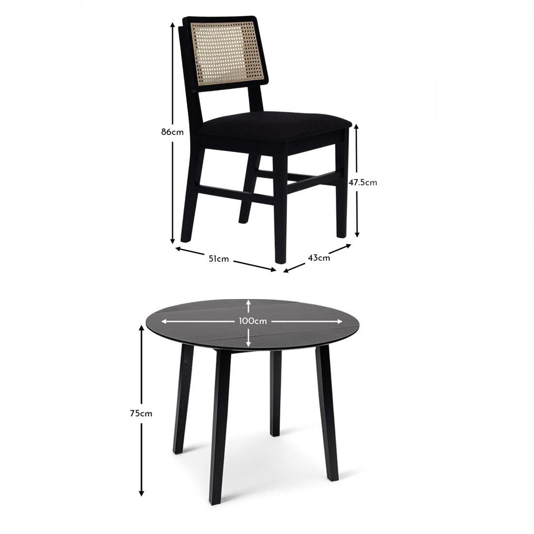 Charlie Black Dining Table Set - Round Drop Leaf - 4 Seater - Charlie Dining Chairs
