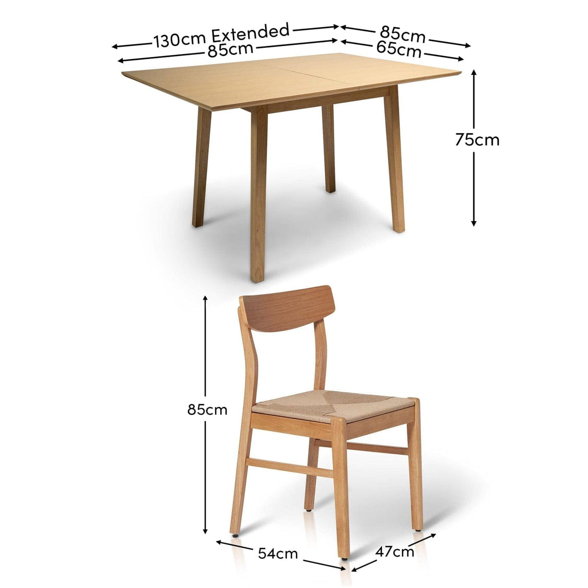 Charlie Pale Oak Extendable Dining Table Set - 4 Seater - Woven Pale Oak Dining Chairs