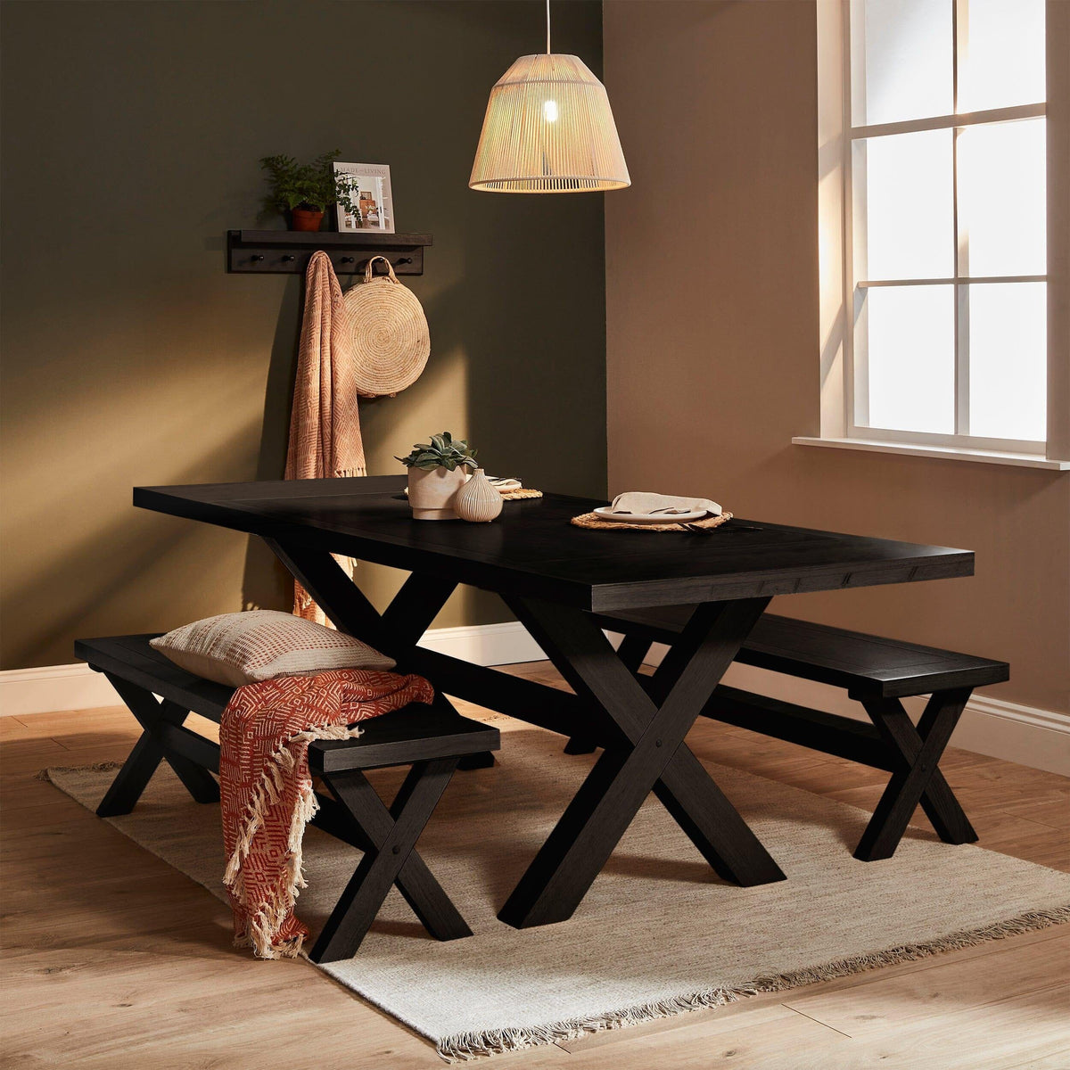 Charlotte Extendable Table 190cm with 2 150cm Dining Benches - Black Oak