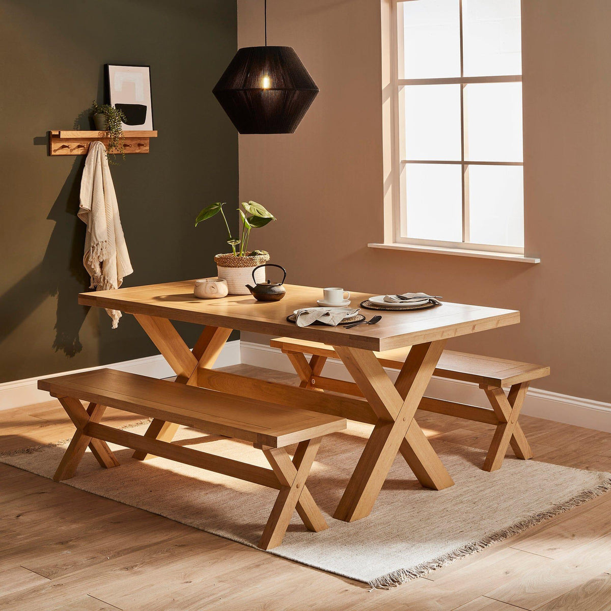 Charlotte 190cm Dining Table with 2 150cm Dining Benches - Pale Oak
