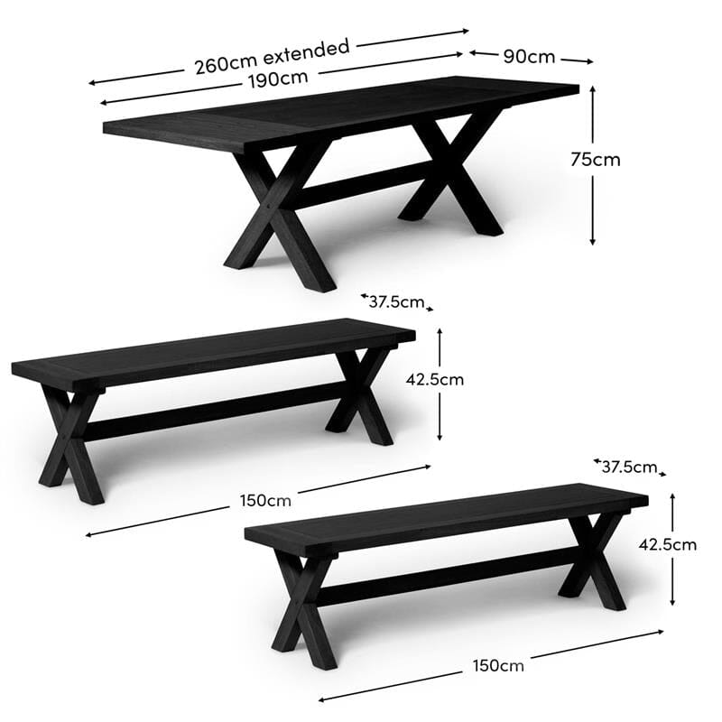 Charlotte Extendable Table 190cm with 2 150cm Dining Benches - Black Oak
