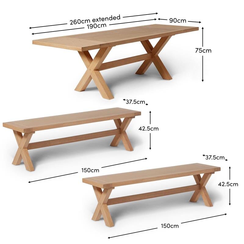 Charlotte Extendable Table 190cm with 2 150cm Dining Benches - Pale Oak
