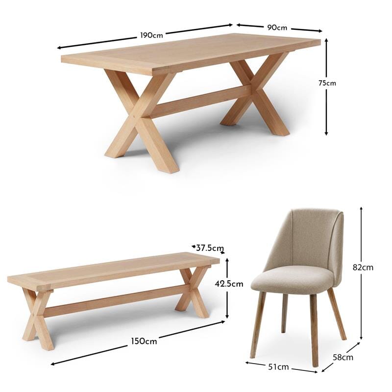 Charlotte Whitewash Dining Table Set - 6 Seater - Freya Sand Dining Chairs & Charlotte Bench