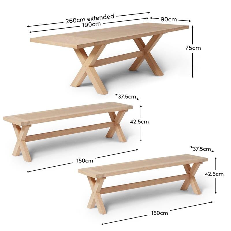 Charlotte Extendable Table 190cm with 2 150cm Dining Benches - Whitewash Oak