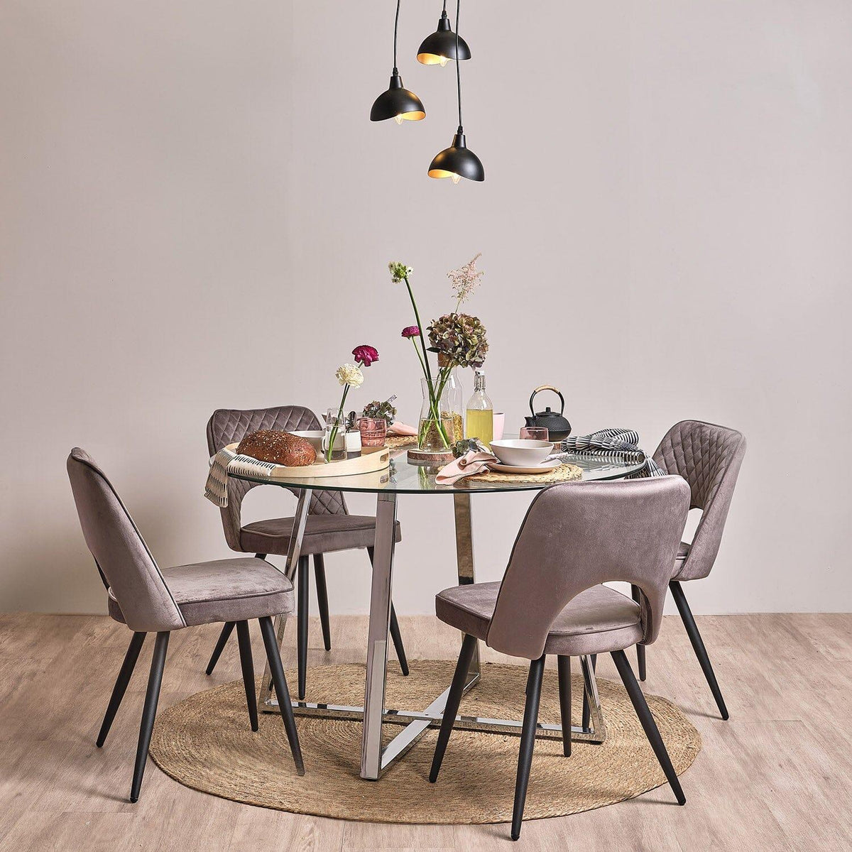 OUTLET - Clara Glass Round Dining Table - Chrome Frame