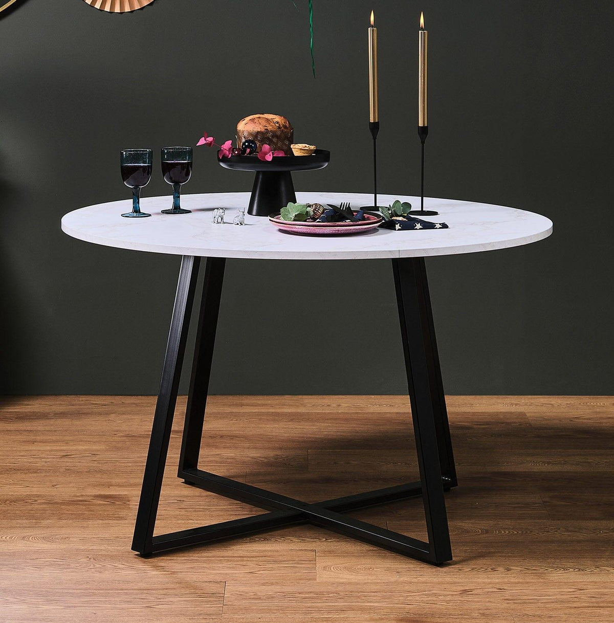 Clara Marble Effect Round Dining Table - Black Frame