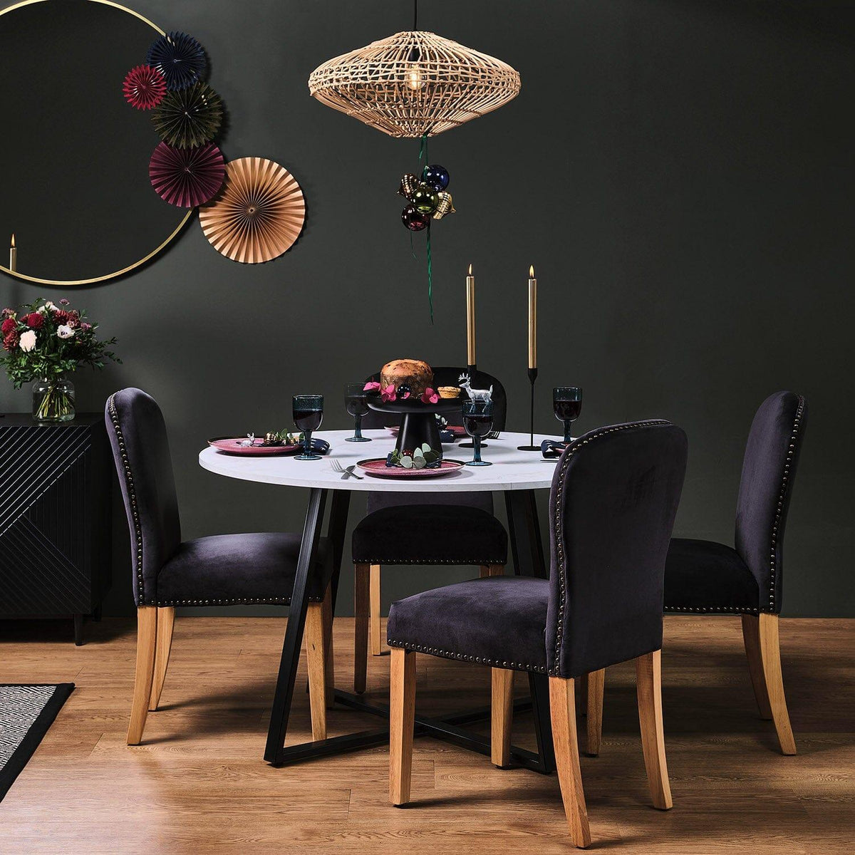 Clara Marble Effect Round Dining Table - Black Frame