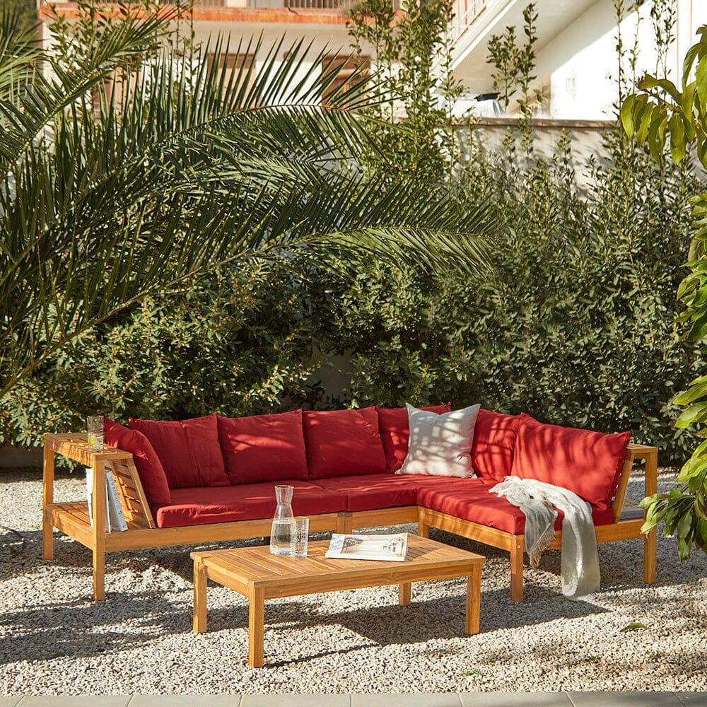 Dakota Wooden Garden Corner Sofa Set - Red Cushions