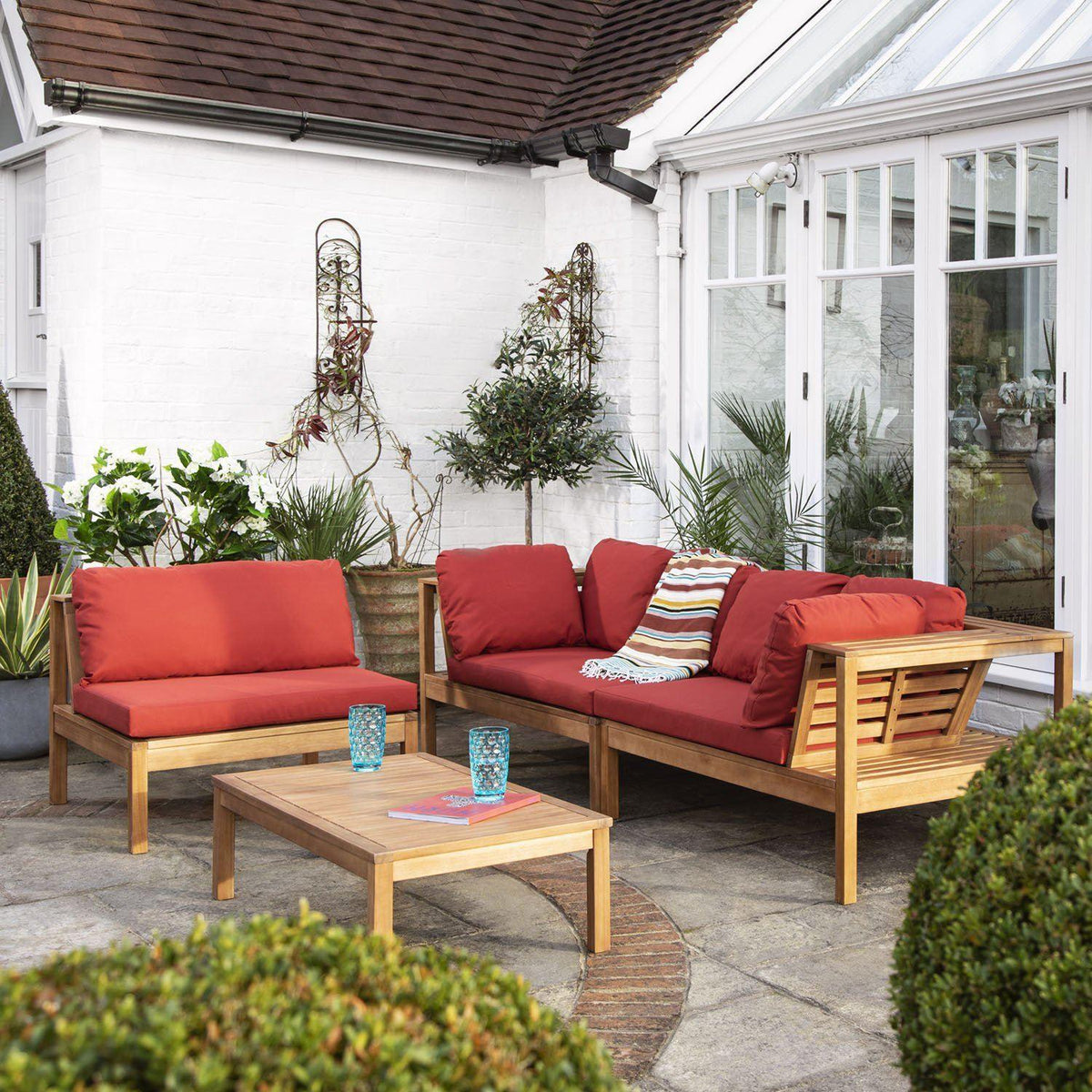 Dakota Wooden Garden Corner Sofa Set - Red Cushions