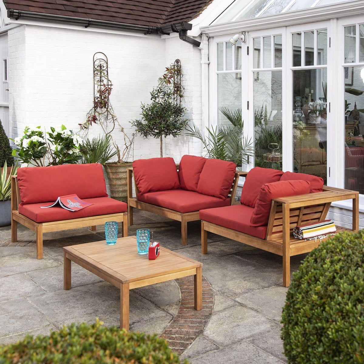 Dakota Wooden Garden Corner Sofa Set - Red Cushions
