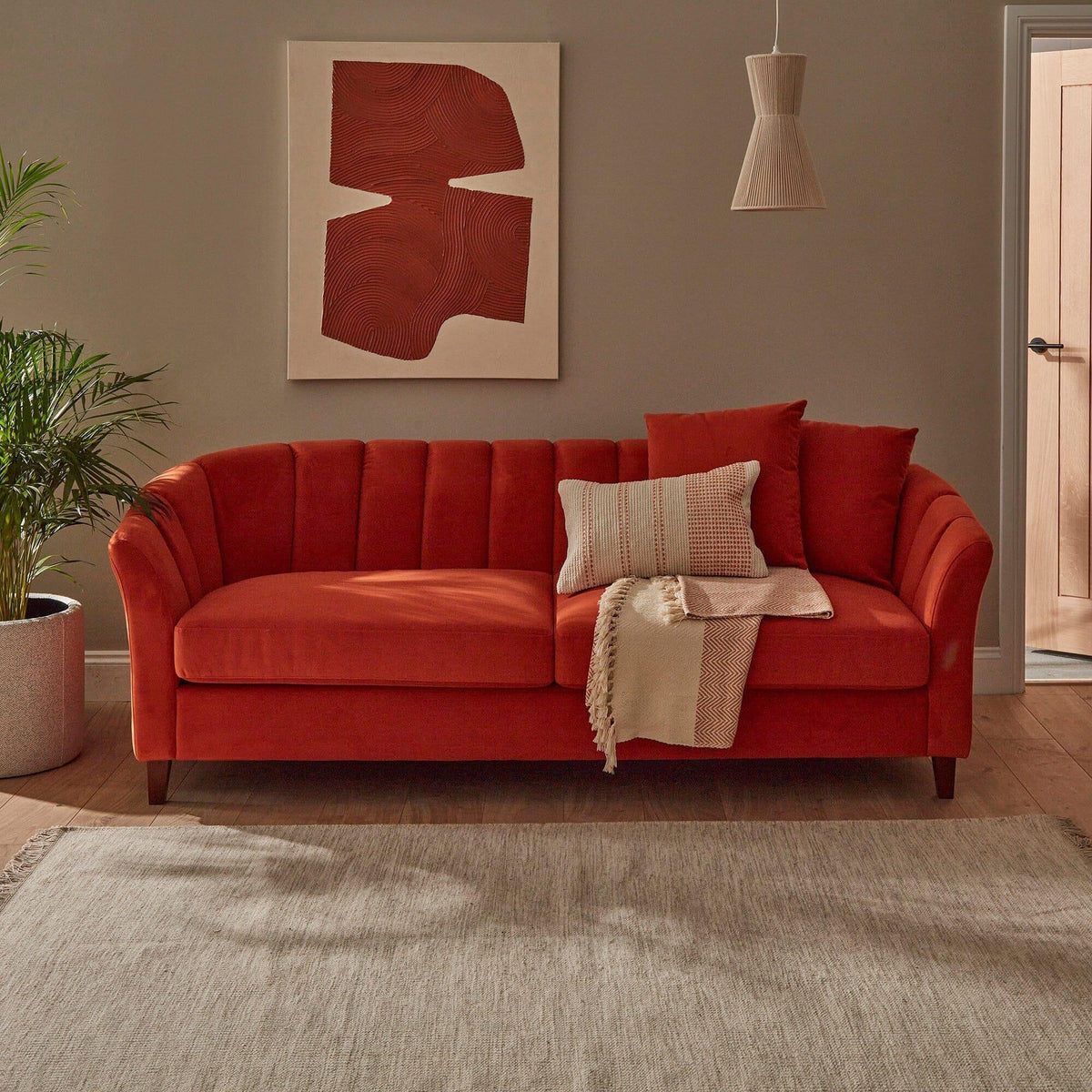 Florence 4 Seater Sofa - Burnt Orange Velvet with Dark Oak Legs