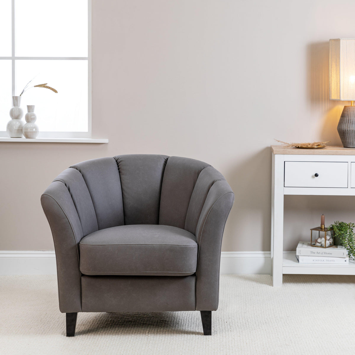 Florence Steel Grey Vegan Leather Armchair - Black Legs