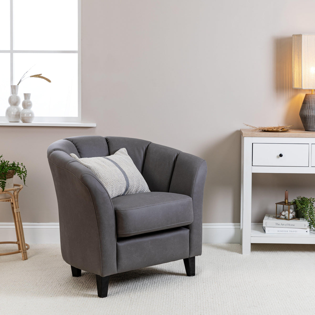 Florence Steel Grey Vegan Leather Armchair - Black Legs