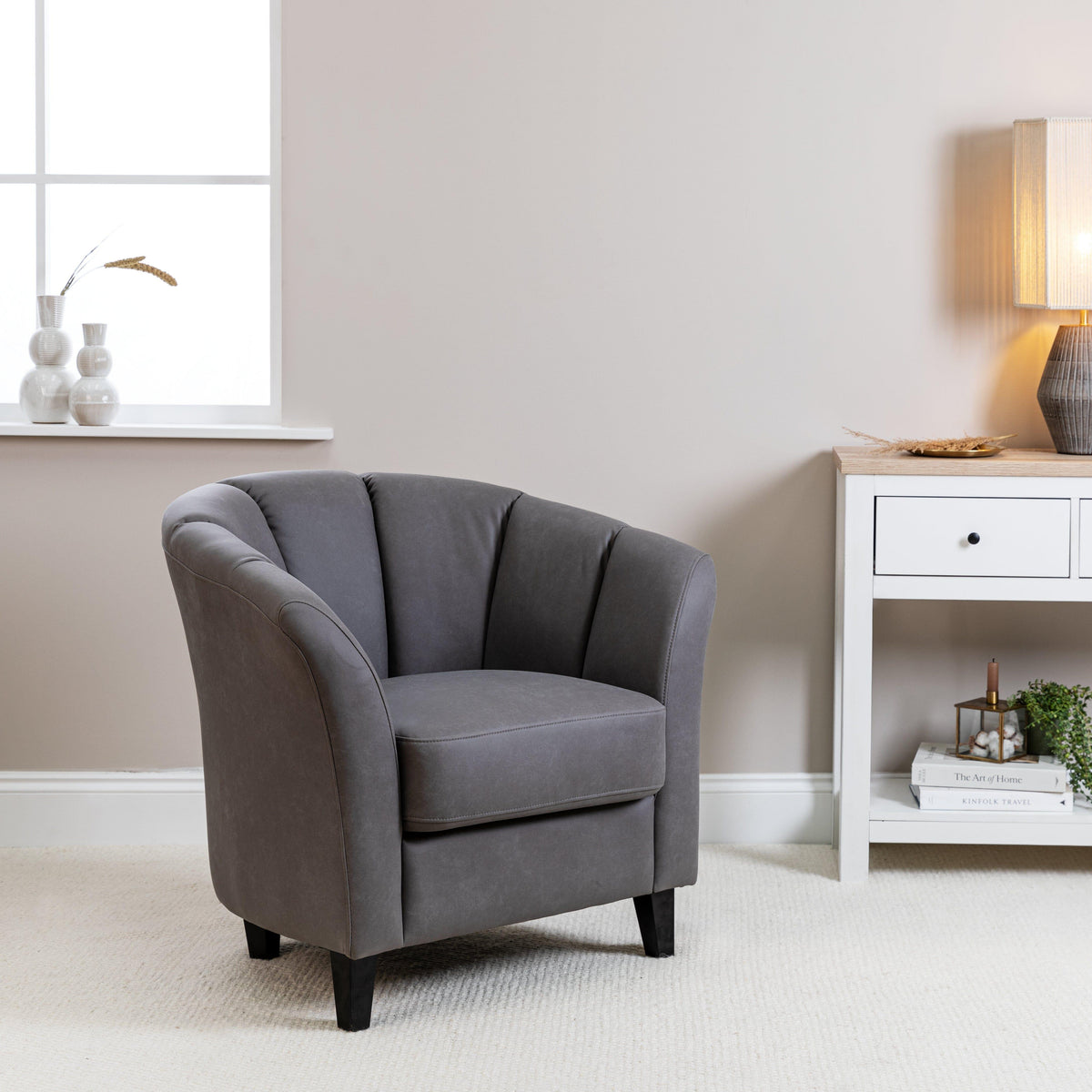 Florence Steel Grey Vegan Leather Armchair - Black Legs