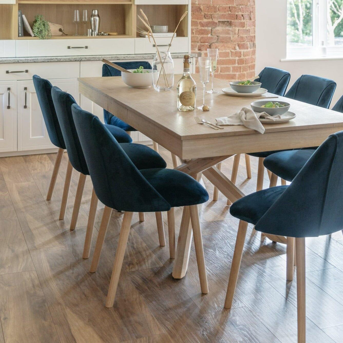 Freya Blue Velvet Dining Chairs - Set of 2 - Whitewash Oak Legs