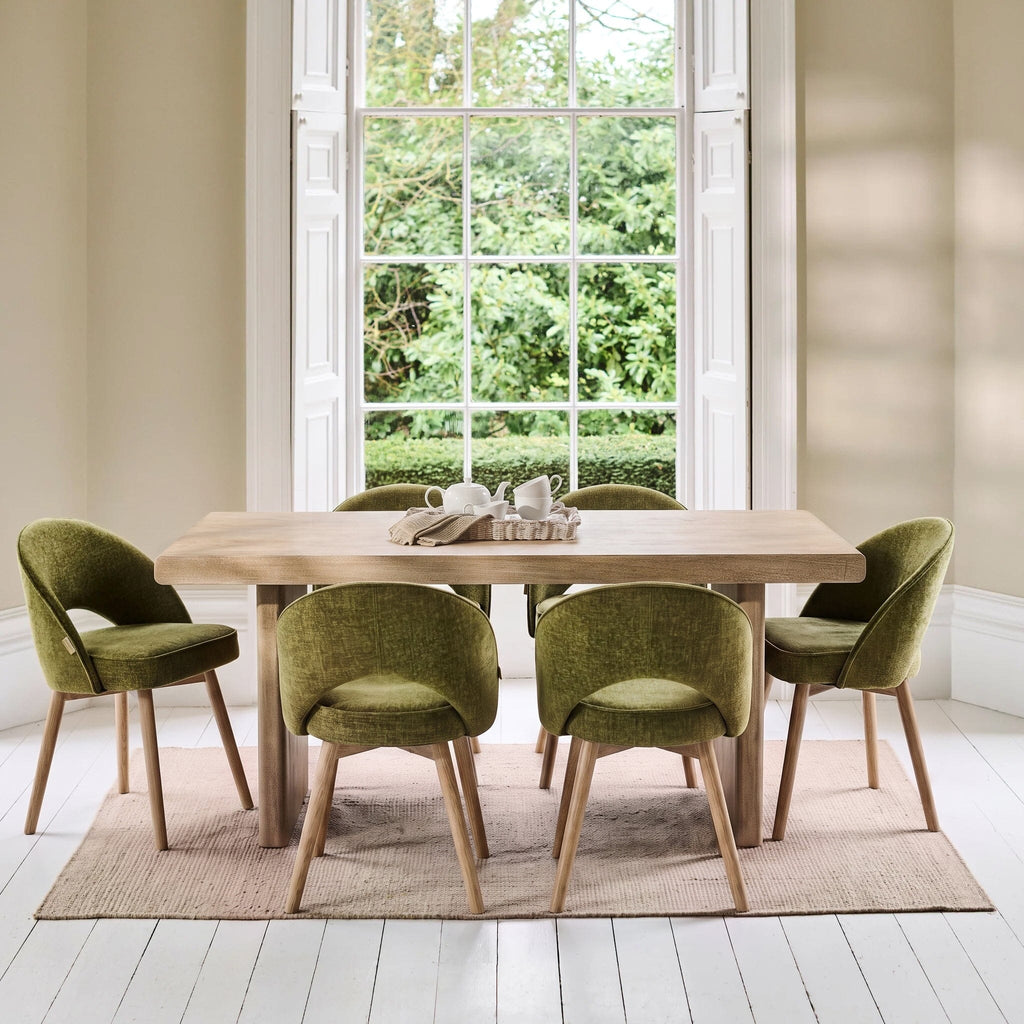 Nevaeh Chalked Mango Wood Dining Table Set - 6 Seater - Marilyn Green Dining Chairs - Chalked Mango Wood Legs