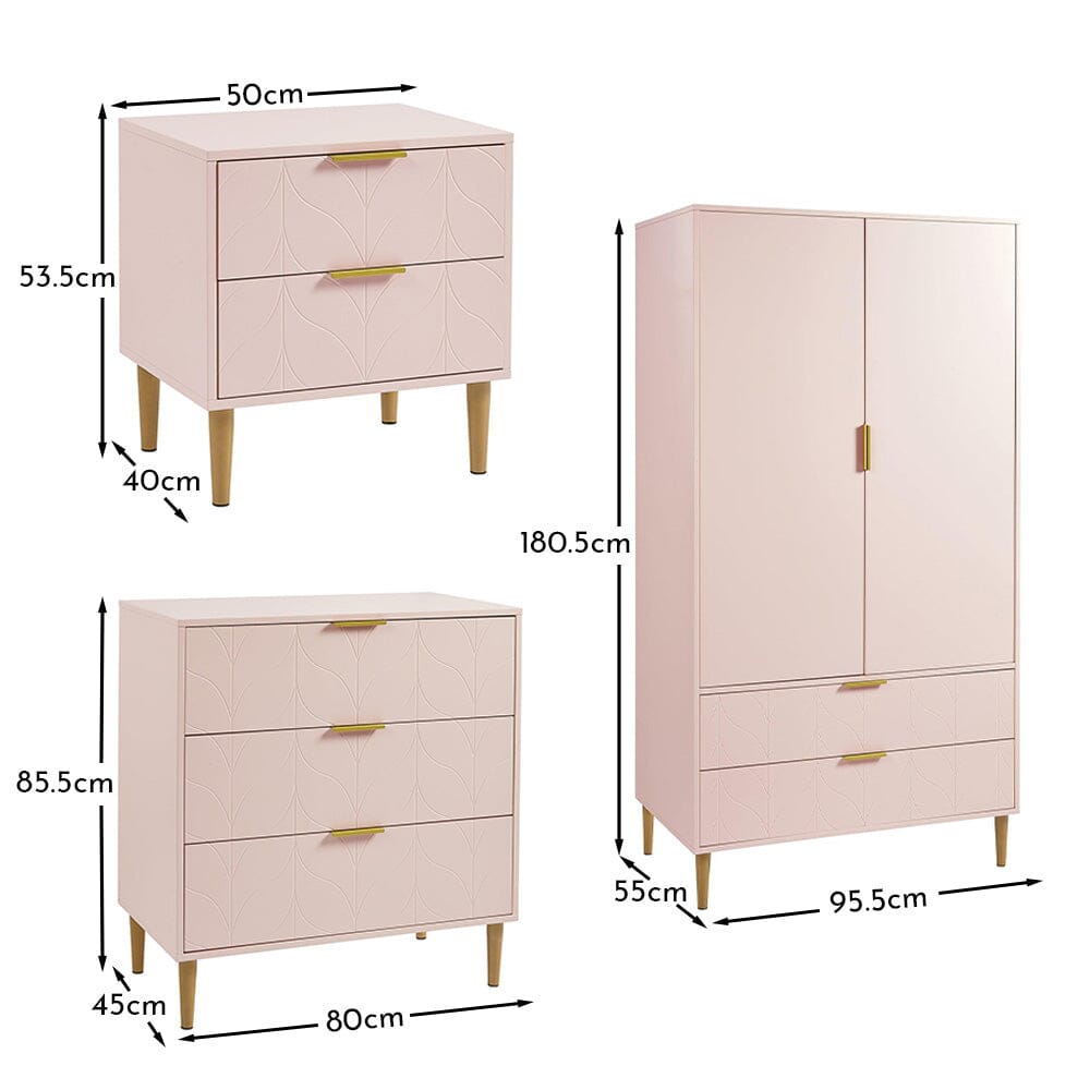 Gloria 3 Piece Bedroom Furniture Set - 3 Drawer Chest of Drawers - Blush Pink