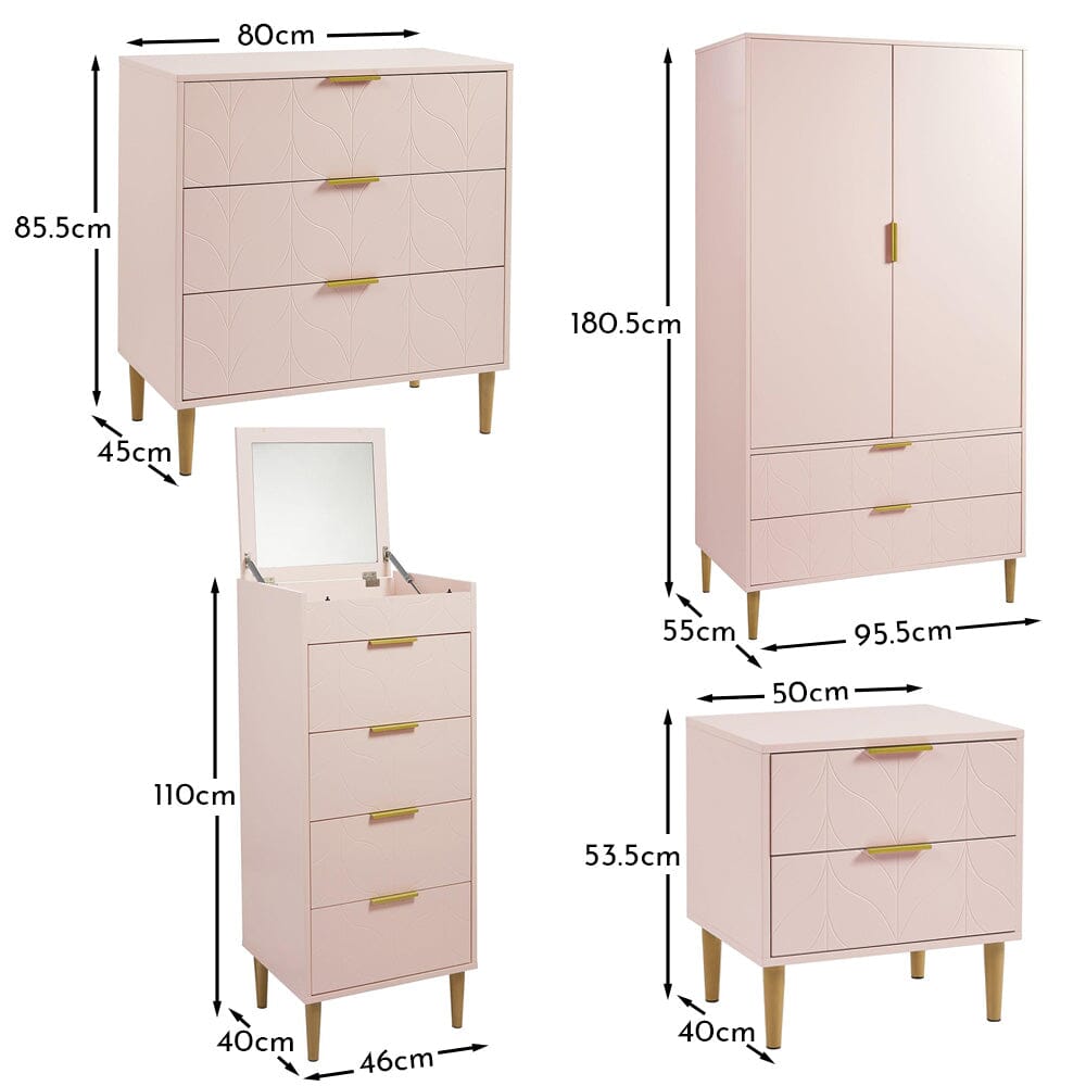 Set-Gloria Bedside Table - 3 Drawer Chest - Tallboy & Wardrobe - Blush Pink