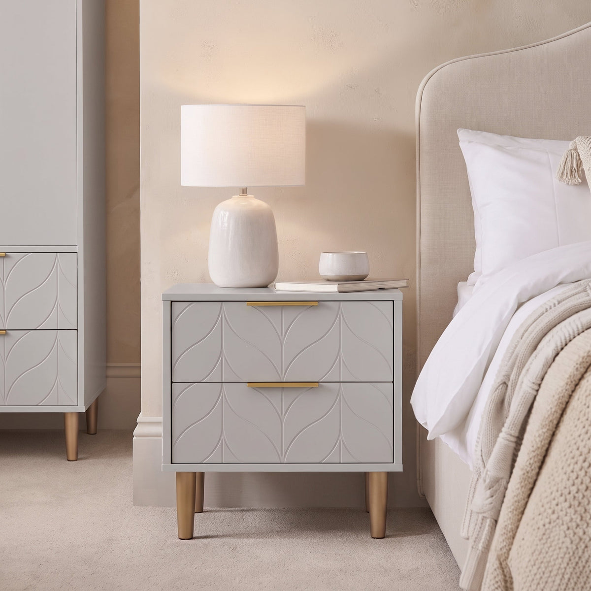 Gloria Bedside Table - Grey & Brass Effect