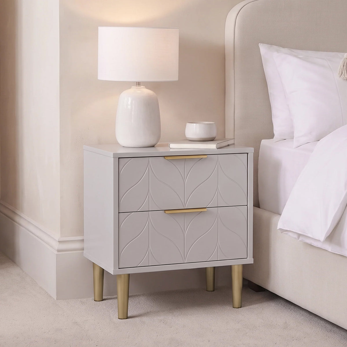 Gloria Bedside Table - Grey & Brass Effect