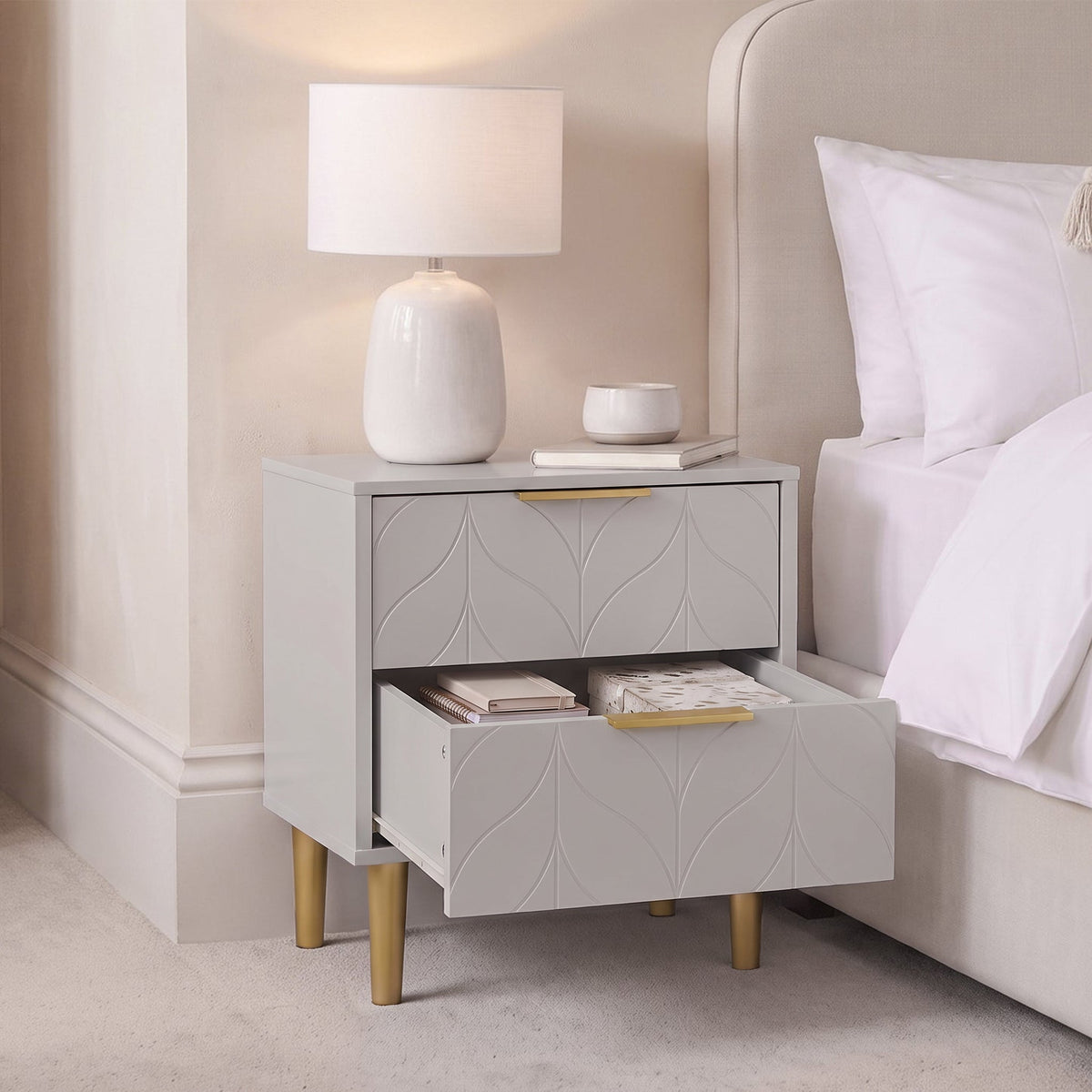 Gloria Bedside Table - Grey & Brass Effect