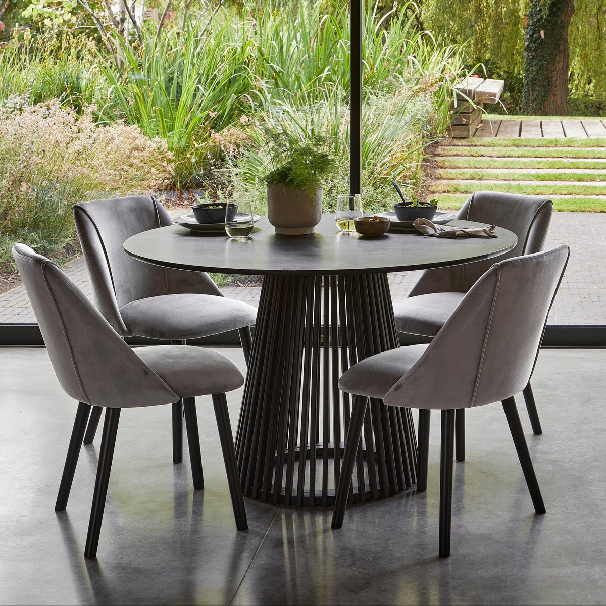 Willow Black Dining Table Set - 4 Seater - Freya Grey Dining Chairs - Black Oak Legs