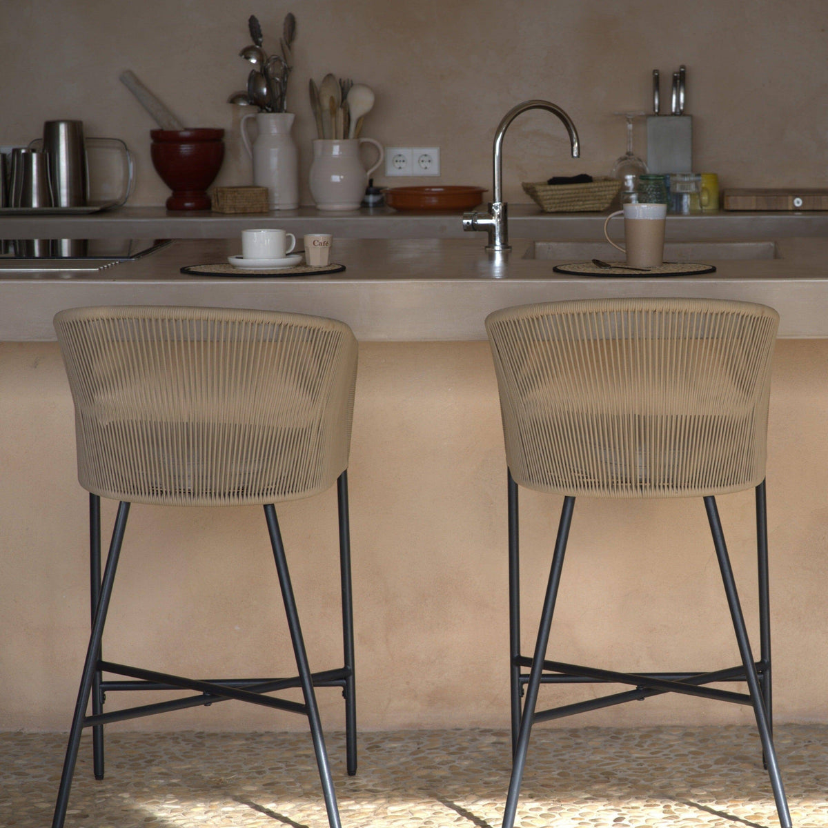 Hali Natural Rope Garden Bar Stool with Cushion