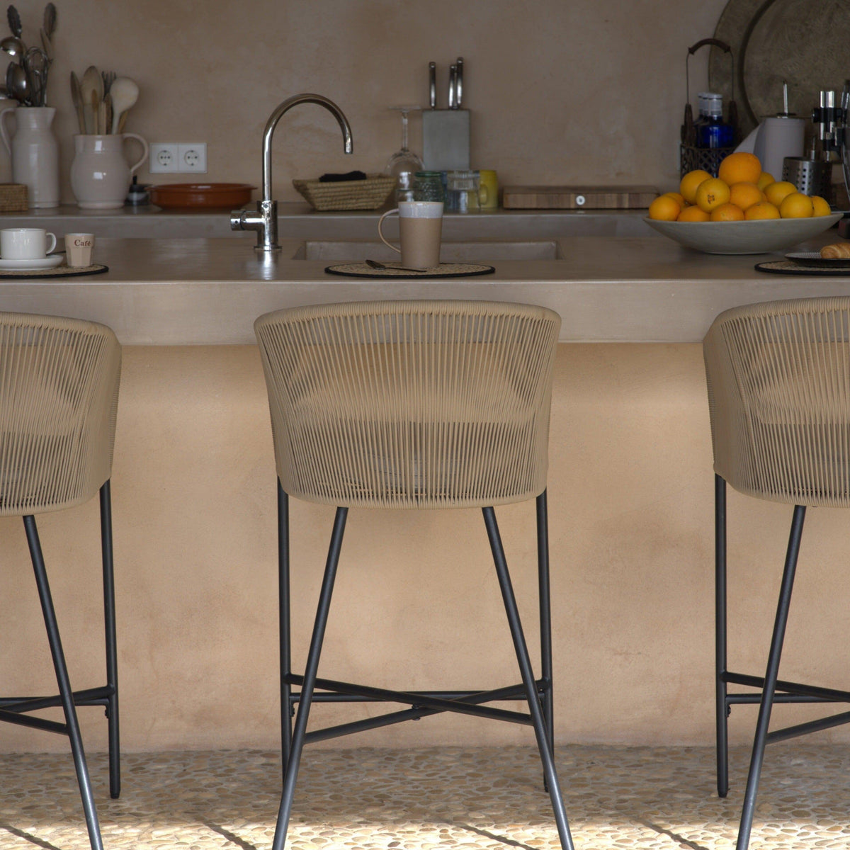 Hali Natural Rope Garden Bar Stool with Cushion - Set of 4