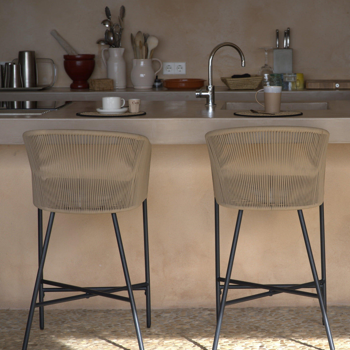 Hali Natural Rope Garden Bar Stool with Cushion - Set of 4