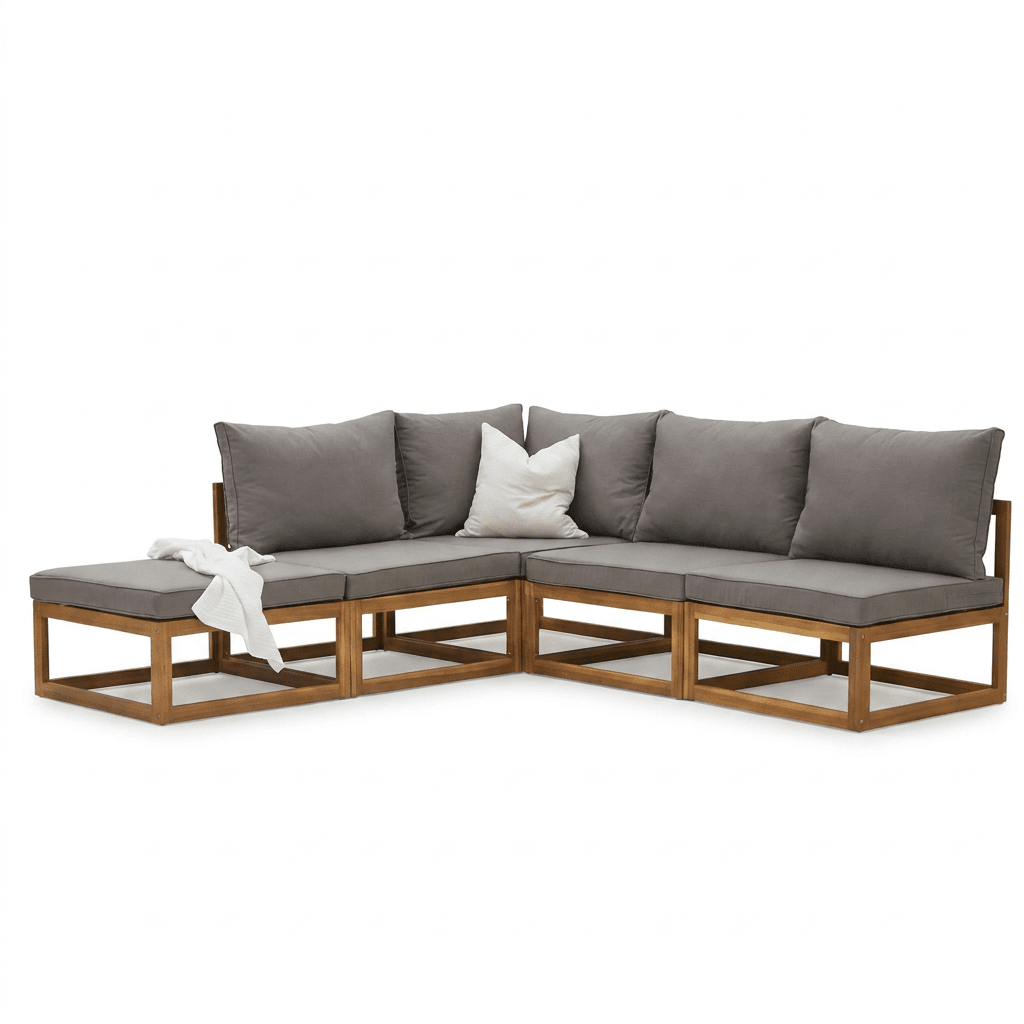 Rowan 5 Seater Wooden Garden Chaise Corner Sofa Set with Coffee Table - Grey