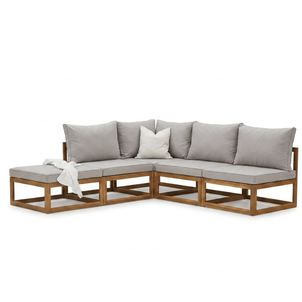 Rowan 5 Seater Wooden Garden Chaise Corner Sofa Set - Sand