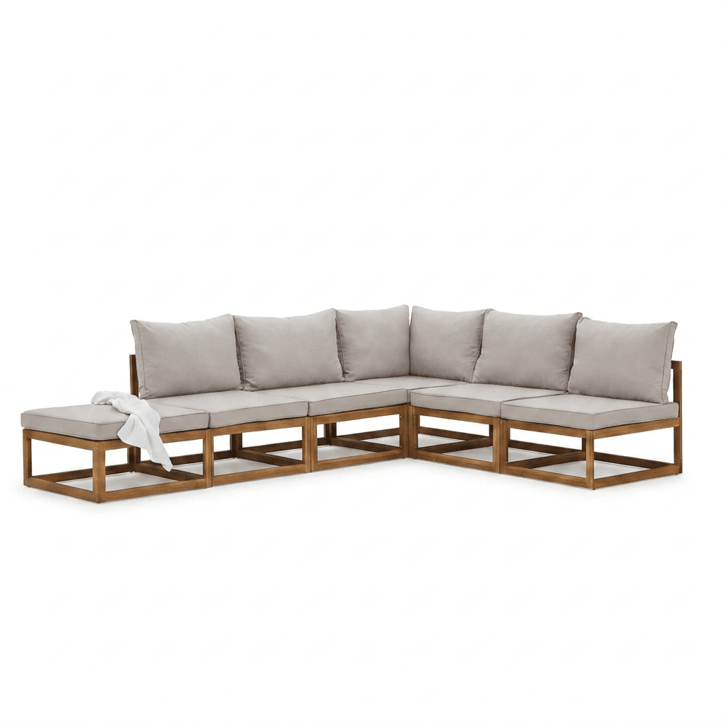 Rowan Sand 6 Seater Garden Wooden Chaise Corner Sofa Set